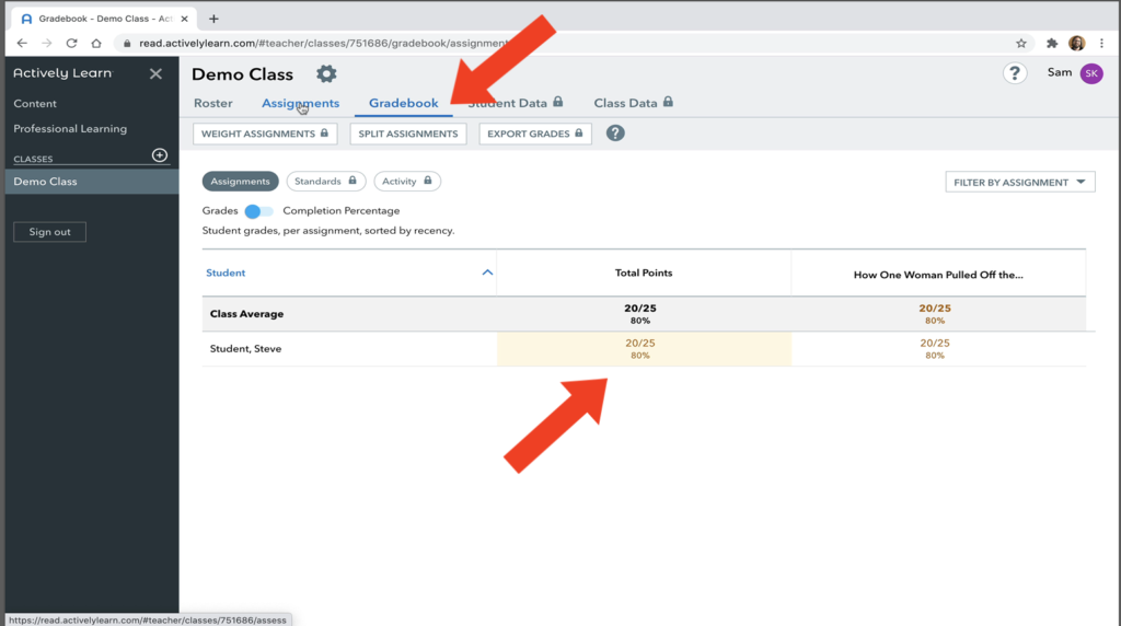 Actively Learn Gradebook