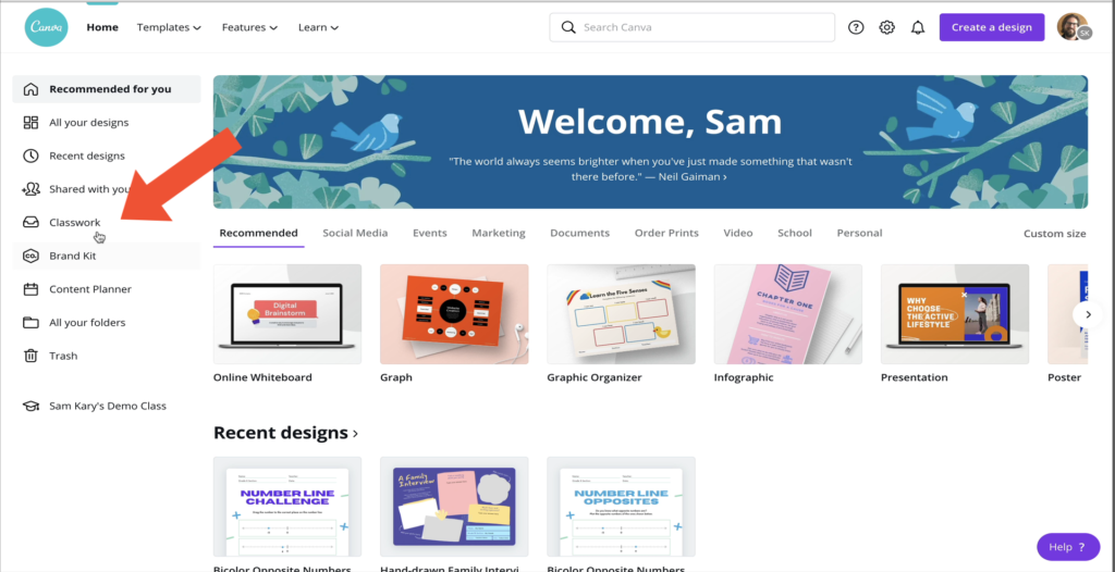 Find Student Work on the Classwork Tab in Canva
